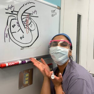 University of Virginia Anesthesiologist Dr. Ruchik Sharma teaches about pedatric congenital heart disease at the whiteboard with a drawing of a pediatric heart.