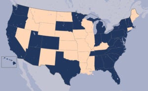 University of Virginia Anesthesiology Residents' Placements Map of USA with States marked in Blue
