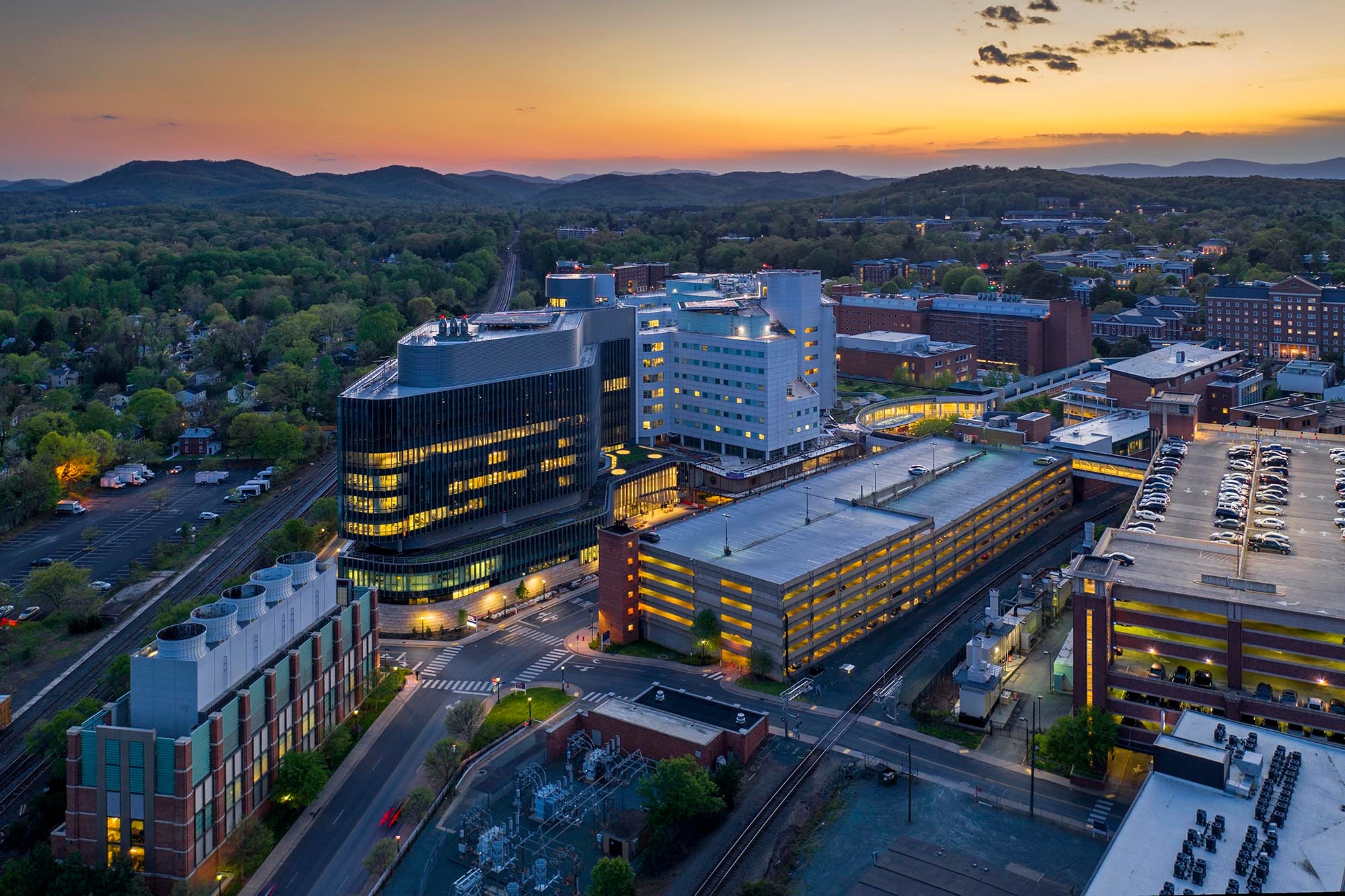 University of Virginia aerial View of the Medical Center Hospital at Sunset