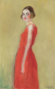 woman wearing red dress painting