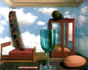 painting of match, soap, comb, bed, window and cloudy sky walls