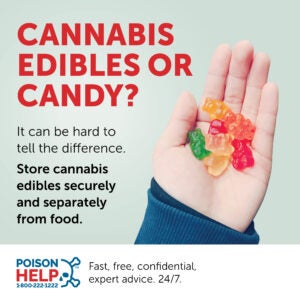 A poster with an image of a child's hand holding some gummy candy with the title: Cannabis Edibles or Candy?