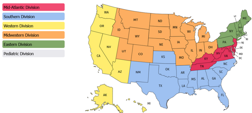 A color-coded map of the United States shows CHTN geographical divisions. Western Division: Alaska, Arizona, California, Hawaii, Nevada, Oregon and Washington; Southern Division: Arkansas, Alabama, Florida, Kansas, Louisiana, Georgia, Mississippi, New Mexico, North Carolina, Oklahoma, South Carolina, Tennessee and Texas; Mid-Atlantic Division: Delaware, Kentucky, District of Columbia, Maryland, New Jersey, Virginia and West Virginia; Eastern Division: Connecticut, Maine, Massachusetts, New Hampshire, New York, Pennsylvania, Rhode Island and Vermont; Midwestern Division: Colorado, Idaho, Illinois, Indiana, Iowa, Michigan, Minnesota, Missouri, Montana, Nebraska, North Dakota, Ohio, South Dakota, Utah, Wisconsin and Wyoming.