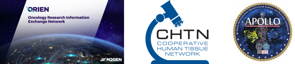 Composite of three national affiliate program logos: ORIEN, the Oncology Research Information Exchange Network, showing a rectangular graphic visualization of sites communicating if viewed from outer space; CHTN: Cooperative Human Tissue Network, with that text framed by a microscope; and APOLLO: Applied Proteogenomics and Learning Outcomes, a circular logo showing the constellation and federal agency participants.