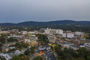 Aerial view of hospital at night