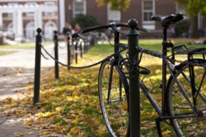 A bike attached to a pole