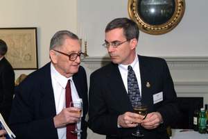 Edward Rowny and Greg Saathoff speaking at the University of Virginia Rotunda.