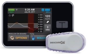 Image displays a Tandem Control IQ insulin pump with a mock screen and a Dexcom Generation 6 Continuous Glucose Monitor (CGM) wearable device. Image credit: Tandem Diabetes Care.