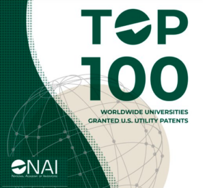 Image courtesy of the National Academy of Inventors. Depicted is the NAI logo with the title "Top 100 worldwide universities granted US utility patents"