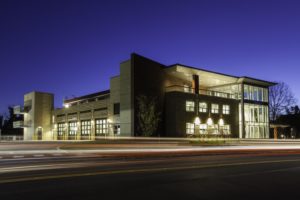 photo of a Charlottesville Fire Department station at night