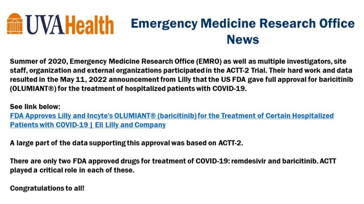 Slide showing UVA Health announcement of EMRO's participation in the ACTT-2 Trial and US FDA's approval of baricitinib for treatment of hospitilized COVID-19 patients