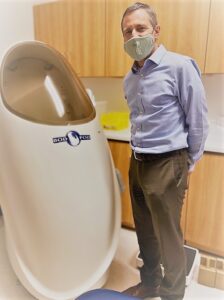 University of Virginia researcher, De Boer and the exercise physiology core lab bod pod.