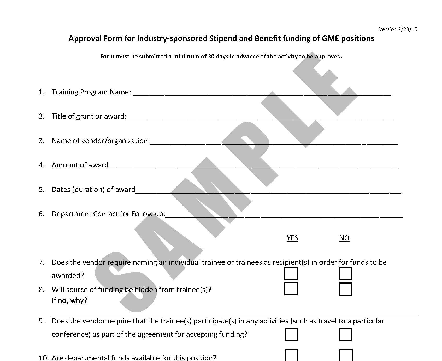 GME Approval Form for Industry Related Stipend Benefits