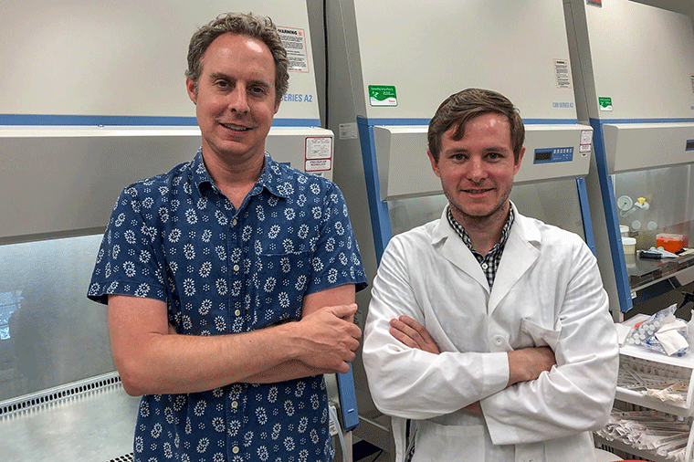 Andrew Dudley, left, and James McCann’s research offers a new path for investigating how to starve tumors of their blood supply. (Photo by Josh Barney, UVA Health System)
