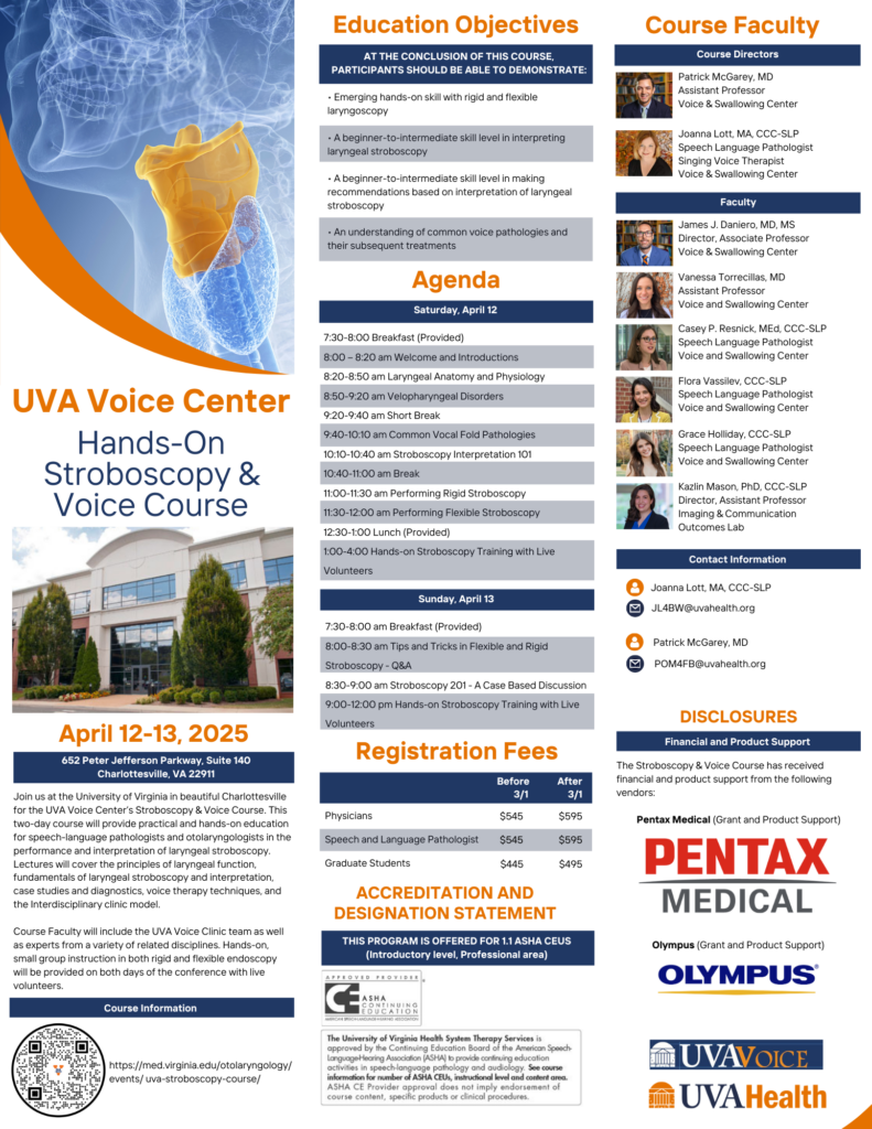UVA Stroboscopy Course 2025, Saturday April 12th and Sunday April 13th.