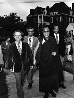 Photo by Edwin Roseberry November, 1979 The Dalai Lama toured the UVA Grounds with Dr. Ian Stevenson, (back left) and Prof. Jeffrey Hopkins (front left). Prof. Hopkins was the Dalai Lama’s official interpreter from 1976 to 1996.