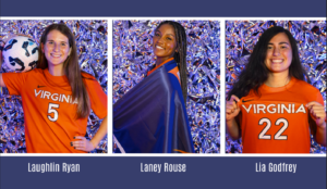 Photo collage of MPH UVA Soccer Players: Laughlin Ryan, Laney Rouse, Lia Godfrey