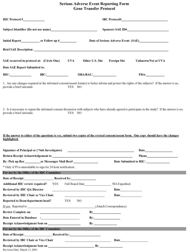 Serious Adverse Event Reporting Form, Gene Transfer Protocol - Policies and  Guidelines