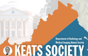UVA Radiology's Keats Society Logo with blue and orange shape of Virginia and the Rotunda in background