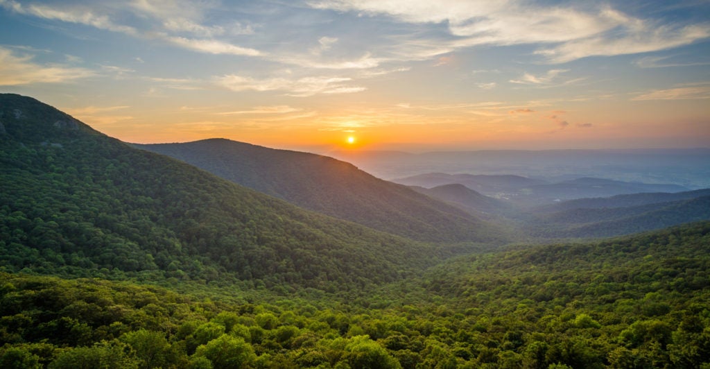 sunset over the mountains in Shenandoah National Park near Charlottesville, Virginia