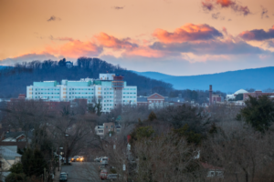 An early morning view of UVA Medical Center from across town