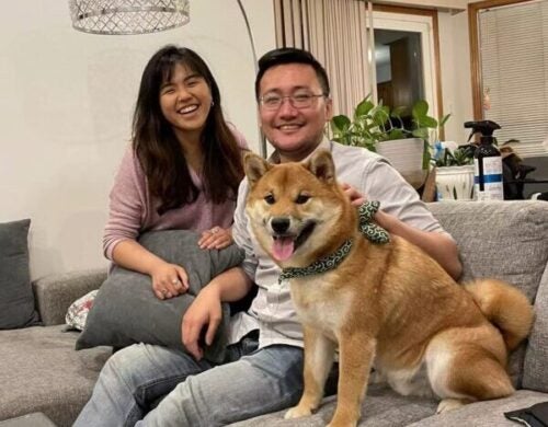 UVA Radiology resident Dr. Anson Chen with his girlfriend, Oom, and dog Chestnu