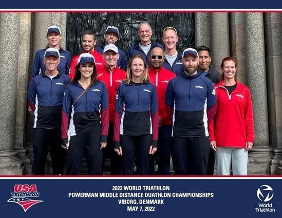 UVA Radiology Professor Dr. Jaime Mata poses with the rest of the Team USA Triathlon team at the 2022 World Duathlon Championships