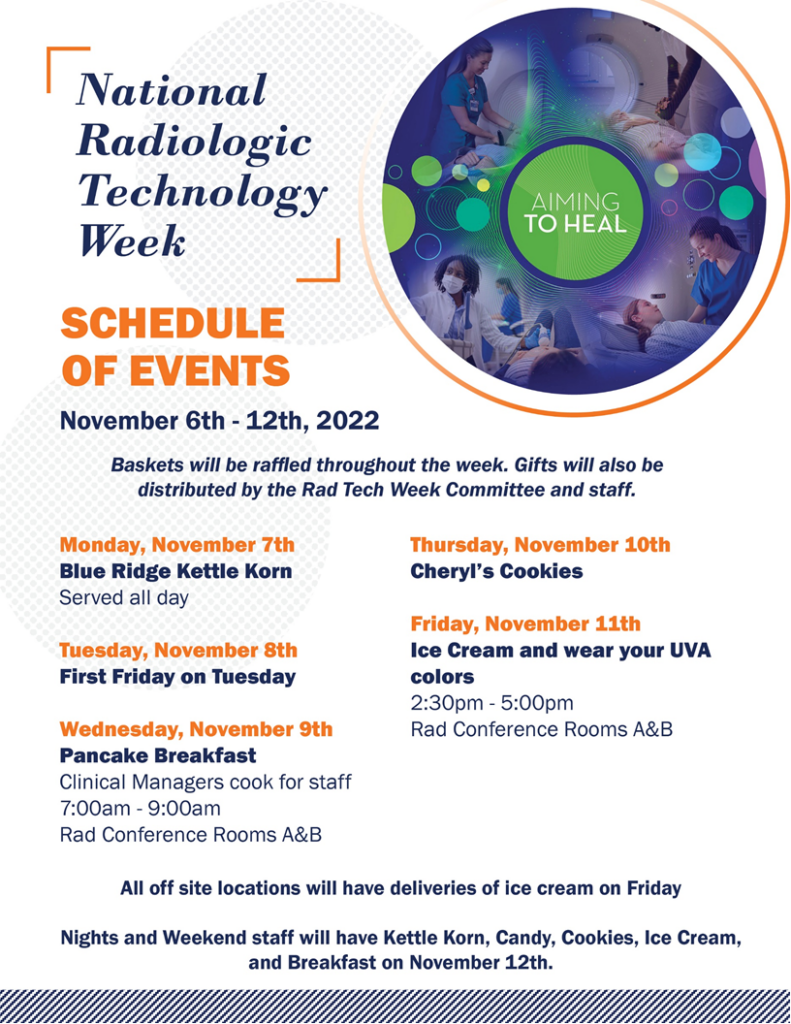 UVA Radiology flyer detailing events for the 2022 National Radiologic Technology Week
