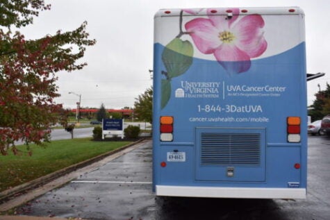 UVA Mobile Mammography Coach from behind, in a parking lot
