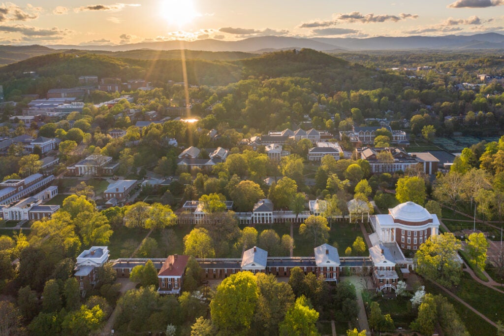 Aerial view of UVA grounds, Charlottesville and the Blue Ridge Mountains in spring