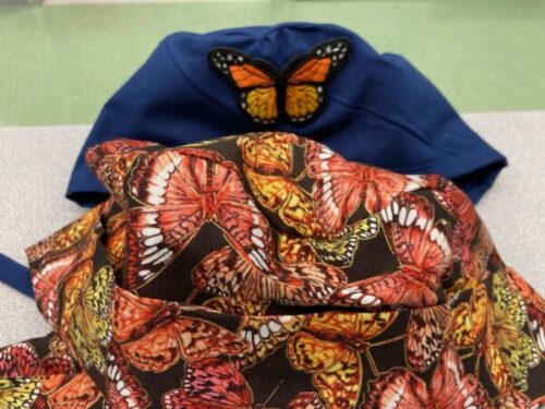 UVA Radiology butterfly scrub caps created and sold to fundraise for Alicia Simmons' future medical expenses