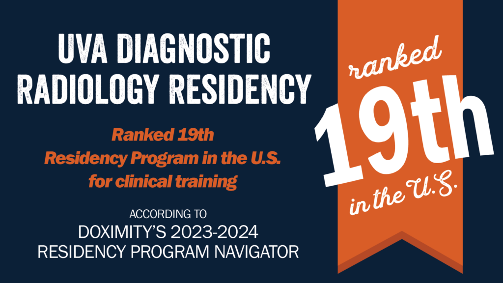 Poster reading: UVA Diagnostic Radiology Residency ranked 19th Residency Program in the U.S. for clinical training according to Doximity's 2023-2024 Residency Program Navigator.