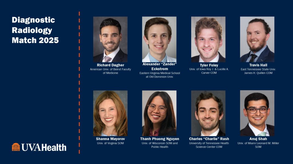 headshots of the 8 individuals who matched into UVA's Diagnostic Radiology Residency in 2025