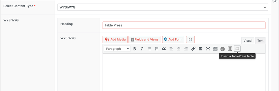 select the insert table press button from the word editing tool bar in the page building block