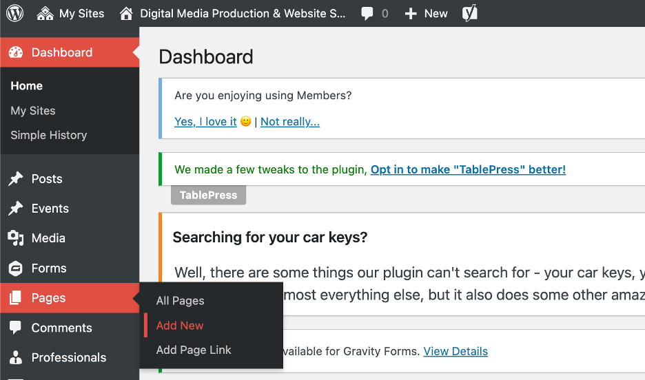 add a new page from the dashboard